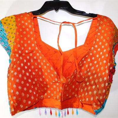 INDIAN SARI SAREE FABRIC ORANGE AND TEAL WITH PINK AND GOLD ACCENTS