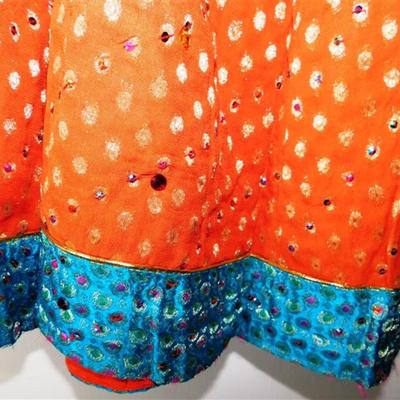 INDIAN SARI SAREE FABRIC ORANGE AND TEAL WITH PINK AND GOLD ACCENTS