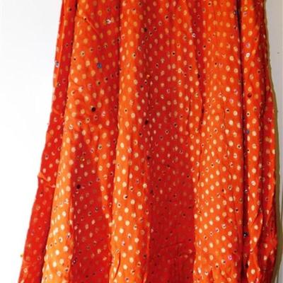 INDIAN SARI SAREE FABRIC ORANGE AND TEAL WITH PINK AND GOLD ACCENTS
