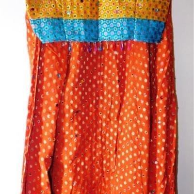INDIAN SARI SAREE FABRIC ORANGE AND TEAL WITH PINK AND GOLD ACCENTS