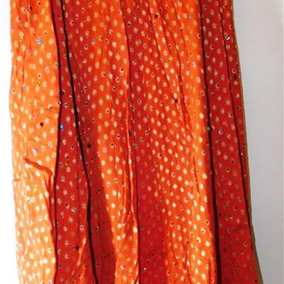 INDIAN SARI SAREE FABRIC ORANGE AND TEAL WITH PINK AND GOLD ACCENTS