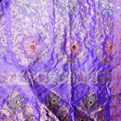 INDIAN SARI SAREE FABRIC LAVENDER AND PURPLE WITH SEWN ON JEWELS
