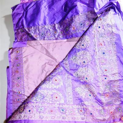 INDIAN SARI SAREE FABRIC LAVENDER AND PURPLE WITH SEWN ON JEWELS