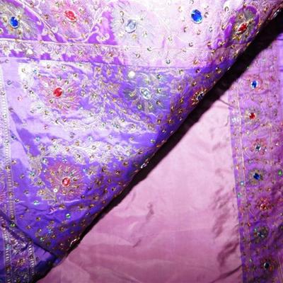 INDIAN SARI SAREE FABRIC LAVENDER AND PURPLE WITH SEWN ON JEWELS