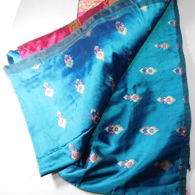 INDIAN SARI SAREE FABRIC FUSCHIA AND TEAL WITH GOLD ACCENTS