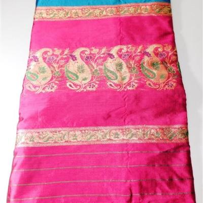 INDIAN SARI SAREE FABRIC FUSCHIA AND TEAL WITH GOLD ACCENTS