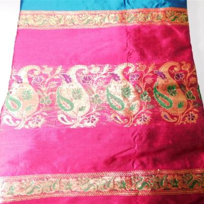 INDIAN SARI SAREE FABRIC FUSCHIA AND TEAL WITH GOLD ACCENTS