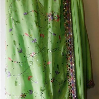 INDIAN SARI SAREE FABRIC NEON GREEN WITH PINK AND LAVENDER FLOWERS. SEWN IN MIRRORS