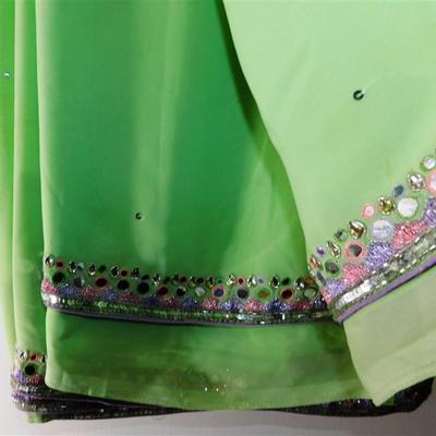INDIAN SARI SAREE FABRIC NEON GREEN WITH PINK AND LAVENDER FLOWERS. SEWN IN MIRRORS