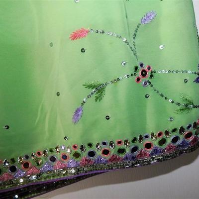 INDIAN SARI SAREE FABRIC NEON GREEN WITH PINK AND LAVENDER FLOWERS. SEWN IN MIRRORS