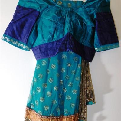 INDIAN SARI SAREE NAVY AND TEAL WITH GOLD SEQUINS BONUS TOP