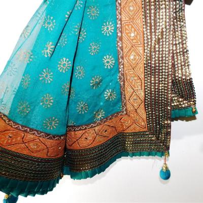 INDIAN SARI SAREE NAVY AND TEAL WITH GOLD SEQUINS BONUS TOP