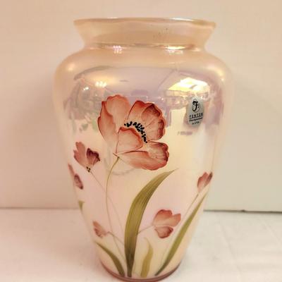 Lot #52 Fenton Art Glass Sunset Overlay Vase - hand painted