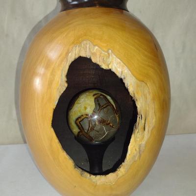 Large, Hand Crafted, Turned Wood Vase by Bobby Phillips- Melaleuca and Stone Orb (#10).