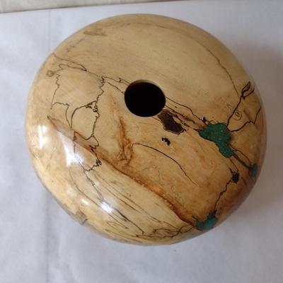 Large, Hand Crafted, Turned Wood Vase by Bobby Phillips- Spalted Maple and Turquoise (#18).