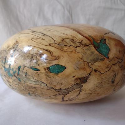 Large, Hand Crafted, Turned Wood Vase by Bobby Phillips- Spalted Maple and Turquoise (#18).