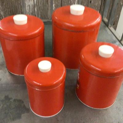 Red Metal Canister Set with Flowers