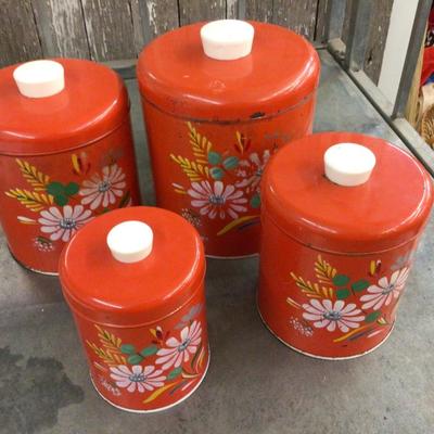 Red Metal Canister Set with Flowers