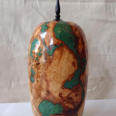 Large, Hand Crafted, Turned Wood Vase by Bobby Phillips- Maple, Chryscolla, and Ebony (#21).