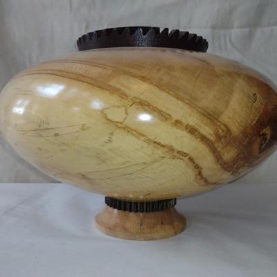 Large, Hand Crafted, Turned Wood Vase by Bobby Phillips-Spalted Maple and Found Metal (#40).
