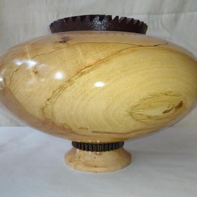 Large, Hand Crafted, Turned Wood Vase by Bobby Phillips-Spalted Maple and Found Metal (#40).
