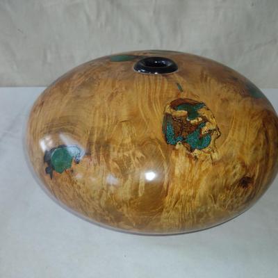 Large, Hand Crafted, Turned Wood Vase by Bobby Phillips- Maple Burl, Chrysocolla, and Ebony (#52).