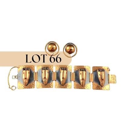 -66- REBAJES | 1941-1942 Brazilian Copper Mask Modernist Bracelet & Earrings | Marked