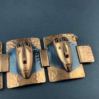 -66- REBAJES | 1941-1942 Brazilian Copper Mask Modernist Bracelet & Earrings | Marked