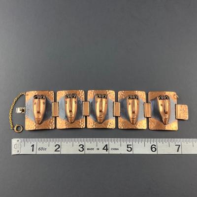 -66- REBAJES | 1941-1942 Brazilian Copper Mask Modernist Bracelet & Earrings | Marked
