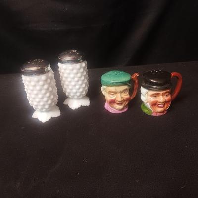 HOBNAIL MILK GLASS AND TOBY STYLE SALT & PEPPER SHAKERS
