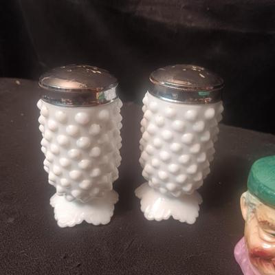 HOBNAIL MILK GLASS AND TOBY STYLE SALT & PEPPER SHAKERS
