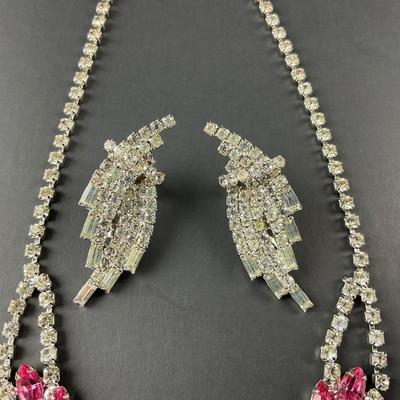 -70- COSTUME | Pink Rhinestone Necklace & Earrings