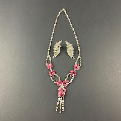 -70- COSTUME | Pink Rhinestone Necklace & Earrings