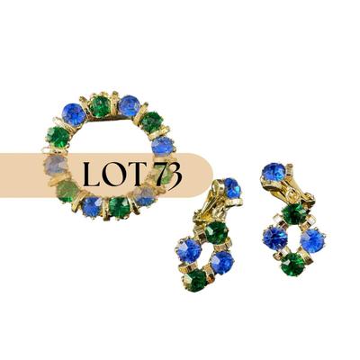 -73- COSTUME | Green & Blue Rhinestone Brooch & Earrings Set