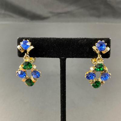 -73- COSTUME | Green & Blue Rhinestone Brooch & Earrings Set