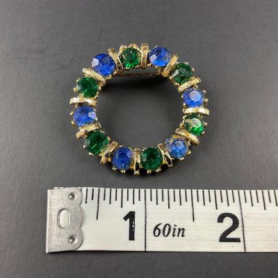 -73- COSTUME | Green & Blue Rhinestone Brooch & Earrings Set
