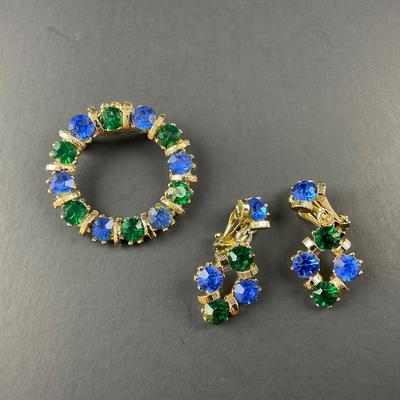 -73- COSTUME | Green & Blue Rhinestone Brooch & Earrings Set