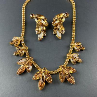 -77- WEISS | Rhinestone Amber Necklace & Earrings | Marked