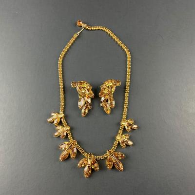 -77- WEISS | Rhinestone Amber Necklace & Earrings | Marked