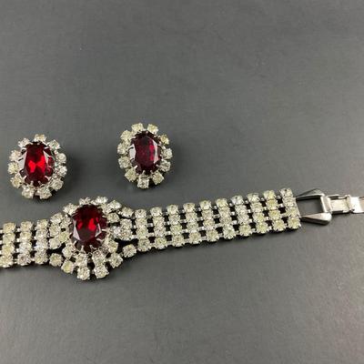 -78- COSTUME | Red & Rhinestone Bracelet & Earrings