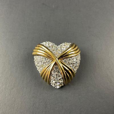-82- BROOCH | 1990’s Swarovski Heart Pave Rhinestone With Gold Sash Pin | Marked