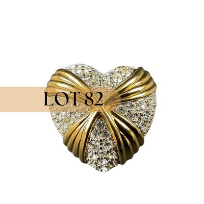 -82- BROOCH | 1990’s Swarovski Heart Pave Rhinestone With Gold Sash Pin | Marked