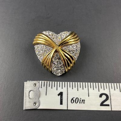 -82- BROOCH | 1990’s Swarovski Heart Pave Rhinestone With Gold Sash Pin | Marked