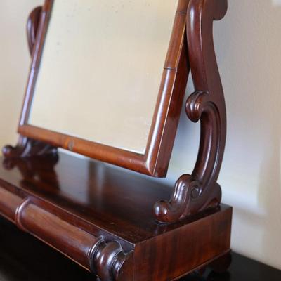 Antique Wood Shaving Vanity Mirror with Two Drawers