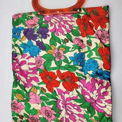 Vintage Silk Floral Snap Tote Lucite Handle