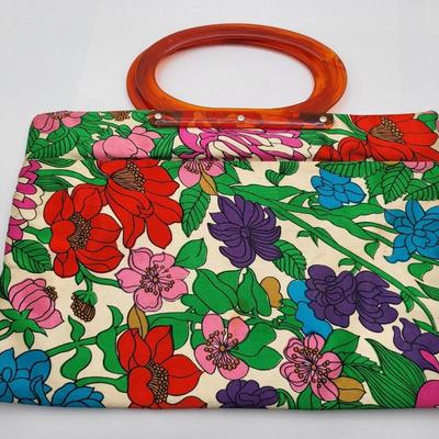 Vintage Silk Floral Snap Tote Lucite Handle