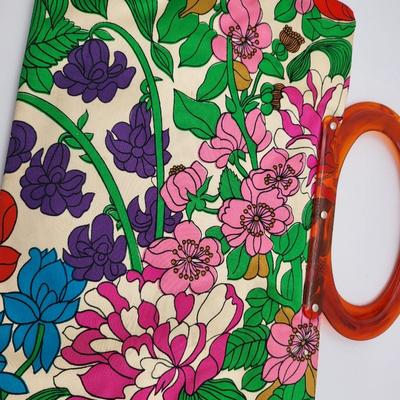 Vintage Silk Floral Snap Tote Lucite Handle
