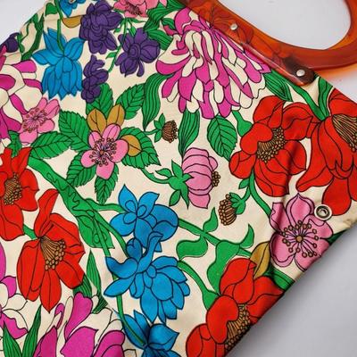 Vintage Silk Floral Snap Tote Lucite Handle