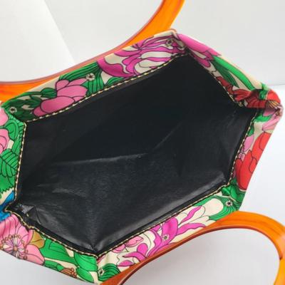 Vintage Silk Floral Snap Tote Lucite Handle