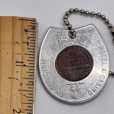 Vintage 70s Las Vegas Castaway Hotel & Casino Horseshoe Lucky Penny Good Luck Token Keychain Fob